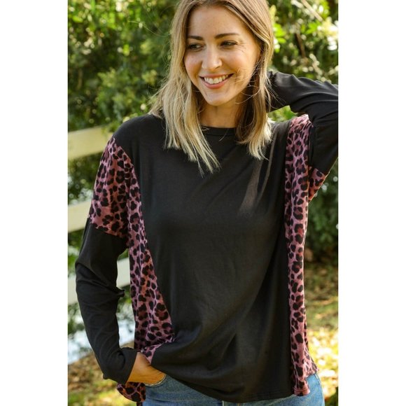 Leopard Print Color Block Dolman Loose Fit Top - Picture 3 of 10
